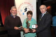 Sheamus O'Donoghue presenting Rita Nolan with her Gold medal in the Advanced & the Kieran O'Loughlin Memorial Trophy as the winner of the best overall sequence in AV2016 with Keith Leedham, judge